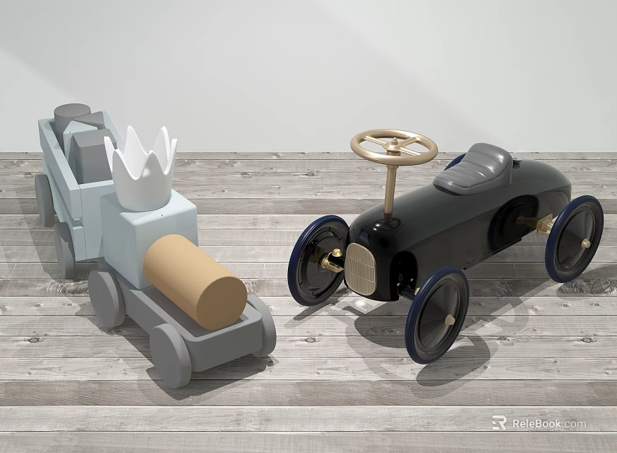 Light Blue And Black Electric Toy Cars Featuring White Crown Wooden Steering Wheel On Floor 3d model 