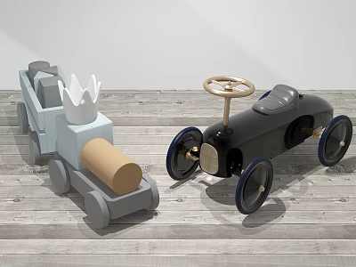Light Blue And Black Electric Toy Cars Featuring White Crown Wooden Steering Wheel On Floor 3d model