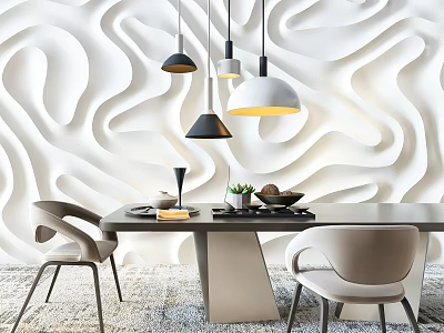 Modern Dining Table Set with Chairs White Wavy Textured Wall and Black White Pendant Lights 3d model