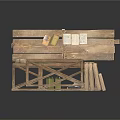 Wooden Dining Table With Glass Top And Wooden Stools Against Wooden Wall Panel