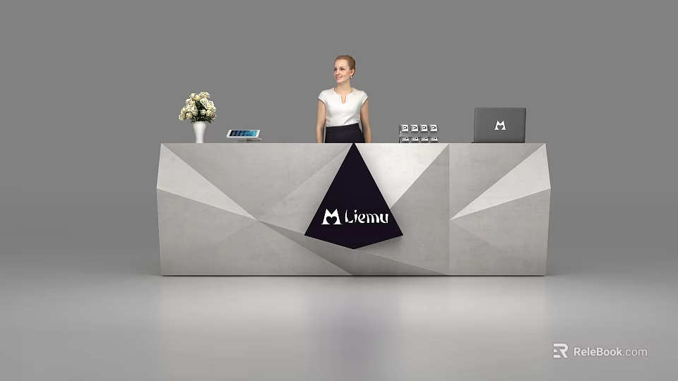 Geometric Gray White Reception Desk Featuring Lianu Logo And Receptionist With Vase Phone Laptop 3d model 