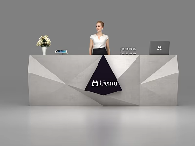 Geometric Gray White Reception Desk Featuring Lianu Logo And Receptionist With Vase Phone Laptop 3d model