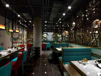 Modern Restaurant Interior With Decorative Walls Pendant Lights Colorful Seating And Dining Tables 3d model