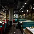 Modern Restaurant Interior With Decorative Walls Pendant Lights Colorful Seating And Dining Tables