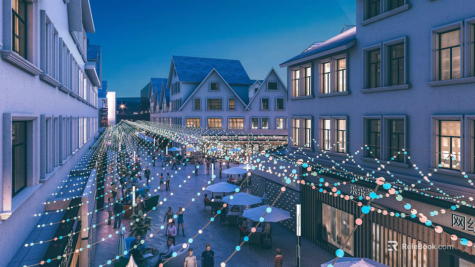 Vibrant Commercial Street At Night With Decorative Lights And Pedestrians 3d model 