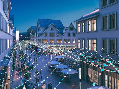 Vibrant Commercial Street At Night With Decorative Lights And Pedestrians 3d model