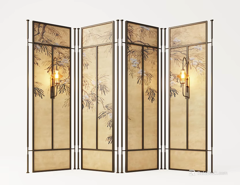 Chinese Style Room Divider Screen with Bamboo Flower Patterns and Dark Frame 3d model 