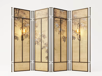Chinese Style Room Divider Screen with Bamboo Flower Patterns and Dark Frame 3d model