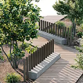 Scenic Garden Pathway With Wooden Walkway Stone Steps And Green Trees