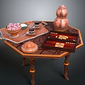 Traditional Chinese Tea Table With Copper Teapot Pastries Tea Cups And Decorative Mat