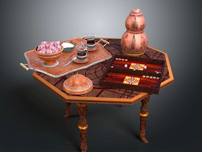 Traditional Chinese Tea Table With Copper Teapot Pastries Tea Cups And Decorative Mat 3d model