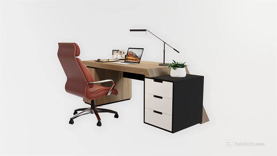 Modern Office Desk With Red Chair Laptop Desk Lamp Plant And Drawer Cabinet 3d model 