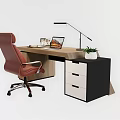 Modern Office Desk With Red Chair Laptop Desk Lamp Plant And Drawer Cabinet
