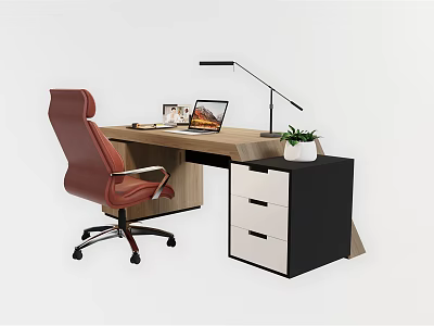 Modern Office Desk With Red Chair Laptop Desk Lamp Plant And Drawer Cabinet 3d model