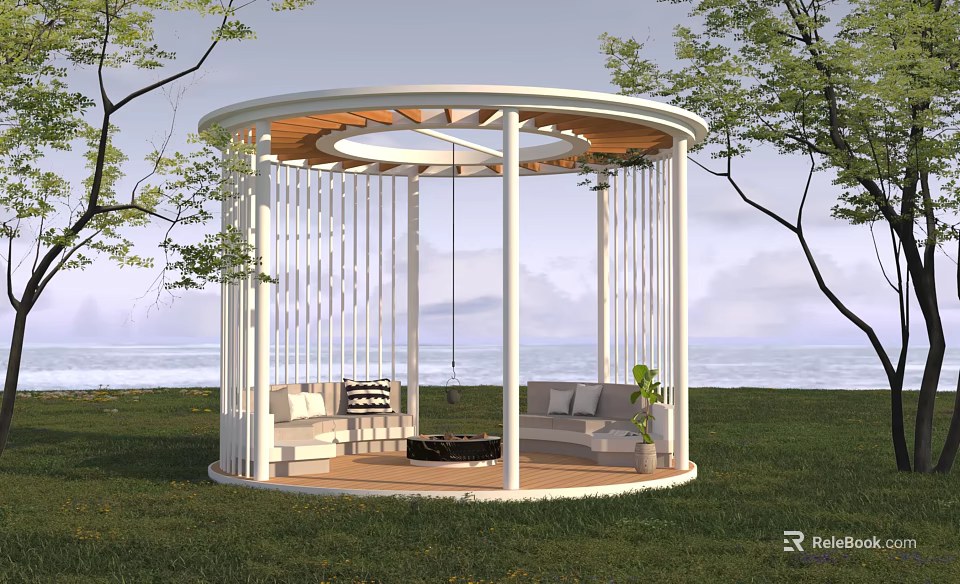 Circular White Gazebo With Wooden Roof Outdoor Grass Seaside Sofa Swing And Green Plants 3d model 