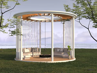 Circular White Gazebo With Wooden Roof Outdoor Grass Seaside Sofa Swing And Green Plants 3d model