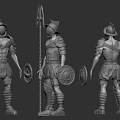Shirtless Warrior Characters With Helmets Shoulder Armor And Leg Armor Holding Tridents And Small Objects