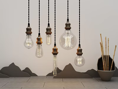 Multiple Vintage Pendant Lights With Wooden Base And Clear Bulbs Hanging Over Mountain Shape Decor 3d model