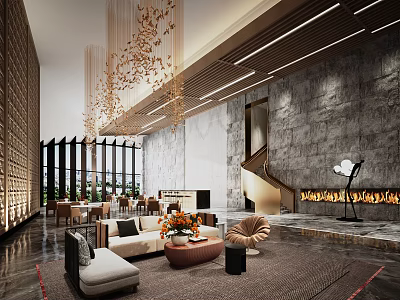 Elegant Hotel Public Lounge With Modern Chandeliers Fireplace Sofas Armchairs Coffee Table And Large Windows 3d model