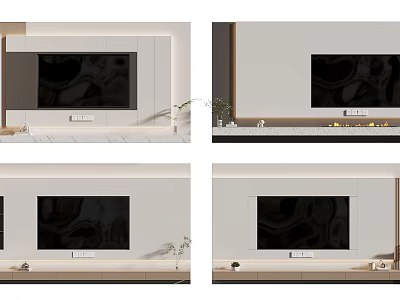 Modern TV Background Wall Design With Neutral Tones Decorative Plants And Shelves 3d model