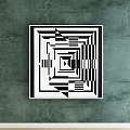 Black and White Abstract Painting Featuring Geometric Stripes Squares Illusion And Symmetrical Design