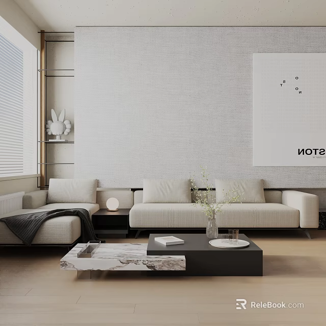 Modern Light Gray Three Seater Sofa with Marble Coffee Table Vase and Minimalist Decor 3d model 