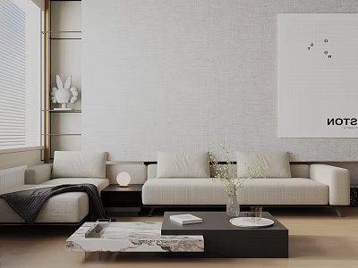 Modern Light Gray Three Seater Sofa with Marble Coffee Table Vase and Minimalist Decor 3d model