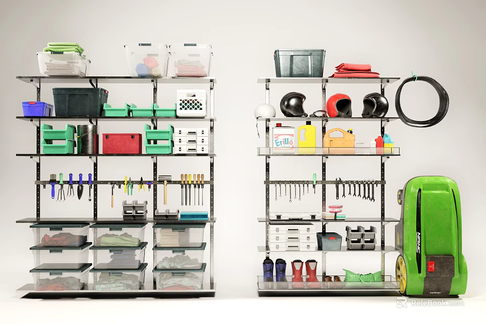 Organized Hardware Tools Storage Shelves With Bins Wrenches Screwdrivers Hose Power Tool And Safety Shoes 3d model 