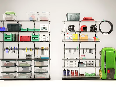 Organized Hardware Tools Storage Shelves With Bins Wrenches Screwdrivers Hose Power Tool And Safety Shoes 3d model