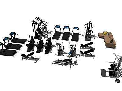 Various Gym Sports Equipment Collection Featuring Treadmills Elliptical Machines Weight Benches And Fitness Racks 3d model