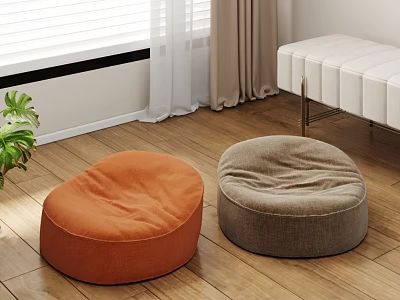 Two Round Orange And Gray Bean Bag Chairs On Wooden Floor In Living Room 3d model