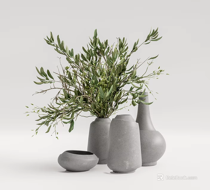 Various Shaped Gray Ceramic Vases With Green Olive Branches Modern Floral Decor 3d model 