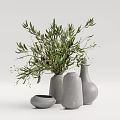 Various Shaped Gray Ceramic Vases With Green Olive Branches Modern Floral Decor
