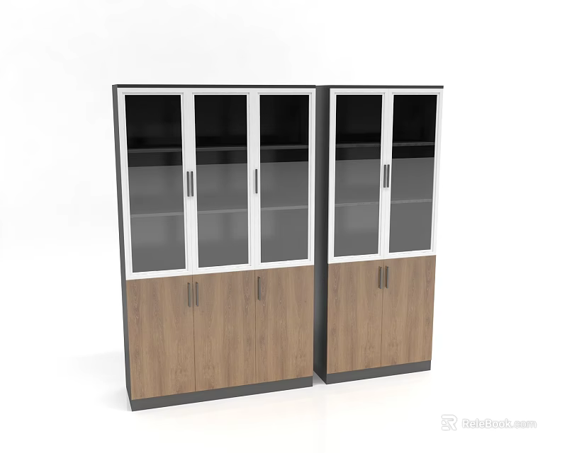 Contemporary Pair Of Bookcases With Glass Panel Doors And Wood Cabinet Bases 3d model 