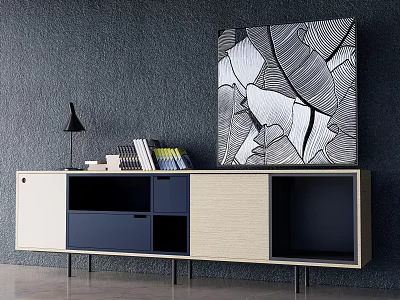 Modern TV Stand With Beige Blue Black Storage Cabinets Abstract Painting Table Lamp And Books 3d model