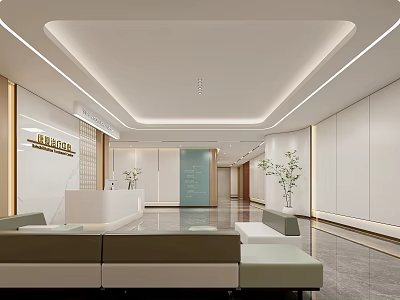 Bright Modern Hospital Outpatient Clinic Interior With Reception Desk Sofas And Plants 3d model