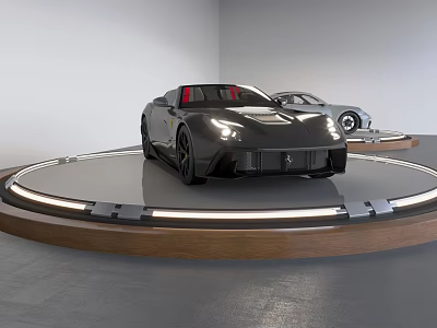 Black Sports Car With Red Seats On Circular Illuminated Platform In Modern Exhibition Space 3d model