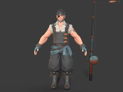 Workwear Style Male Character In Sleeveless Top Overalls With Gloves Boots And Long Rod Tool 3d model
