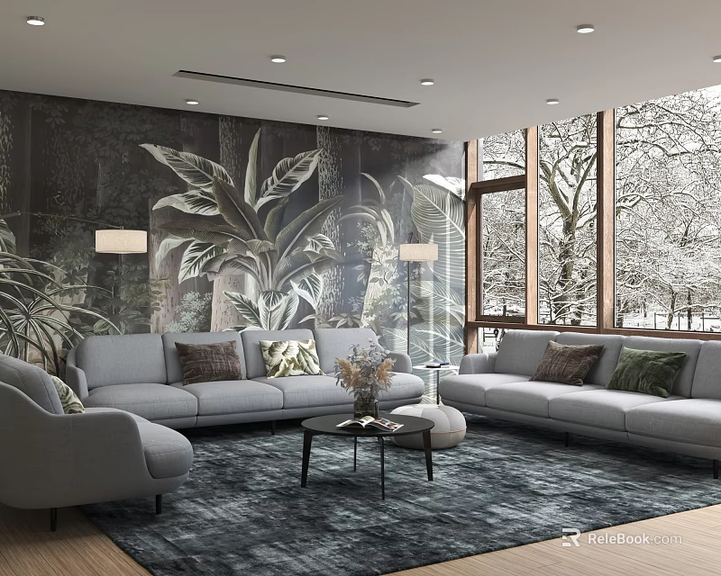 Modern Gray Sofa And Coffee Table Set With Botanical Mural Snowy Window View And Rug 3d model 