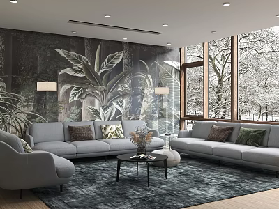 Modern Gray Sofa And Coffee Table Set With Botanical Mural Snowy Window View And Rug 3d model