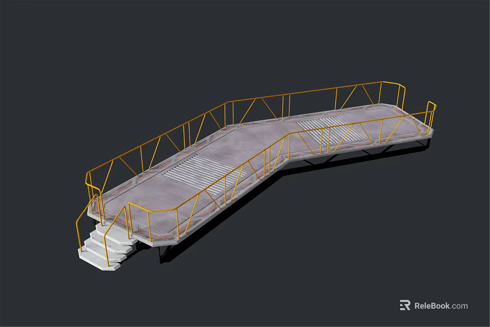 Industrial Walkway Platform Featuring Yellow Railings Gray Surface And Stairs 3d model 