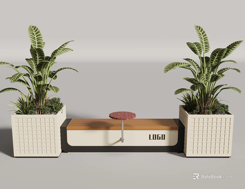 Modern Wooden Outdoor Bench With Side Planters Green Plants And Custom Logo For Public Places 3d model 