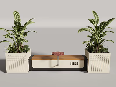 Modern Wooden Outdoor Bench With Side Planters Green Plants And Custom Logo For Public Places 3d model