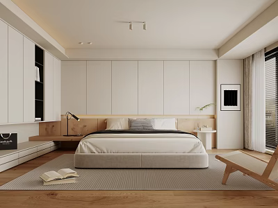 Modern Minimalist Bedroom Interior Design With White Cabinets Wooden Floor And Bedside Table 3d model