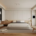 Modern Minimalist Bedroom Interior Design With White Cabinets Wooden Floor And Bedside Table