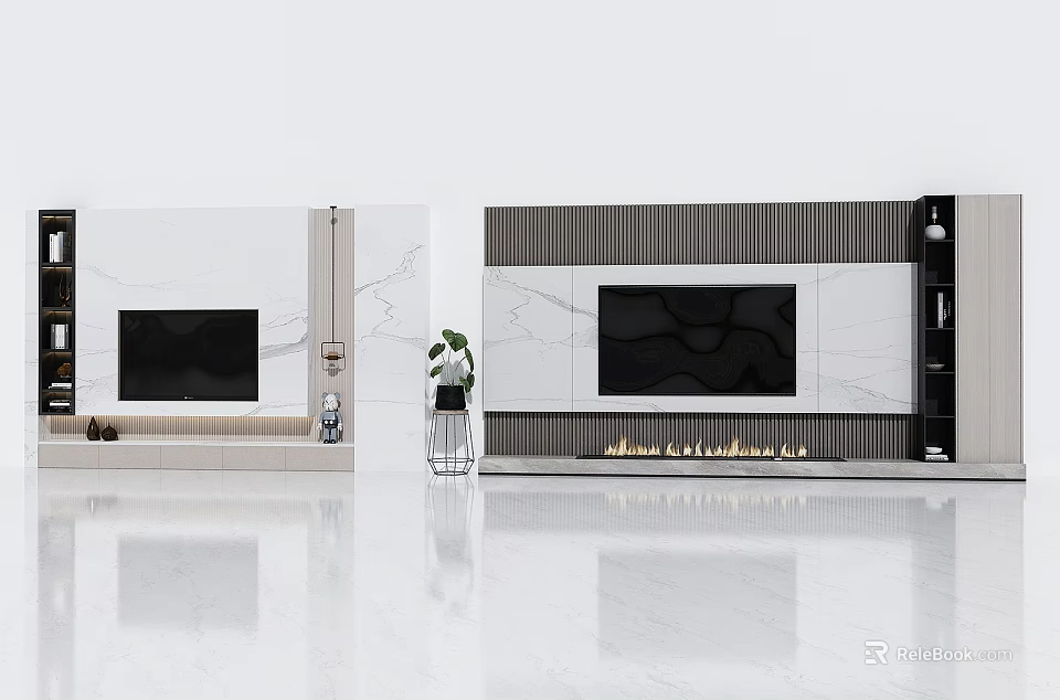 Elegant Modern TV Background Wall Design With Marble Panels And Built-in Fireplace 3d model 