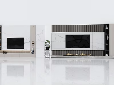 Elegant Modern TV Background Wall Design With Marble Panels And Built-in Fireplace 3d model