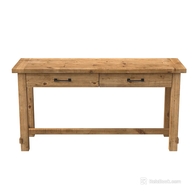 Rustic Solid Wood Table With Two Drawers And Metal Handles 3d model 