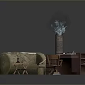 Natural Style Living Room Furniture With Textured Sofa Wooden Desk And Fireplace