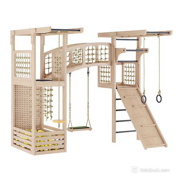 Wooden Outdoor Multi Level Play Equipment With Climbing Net Swings Slide And Ladder 3d model 